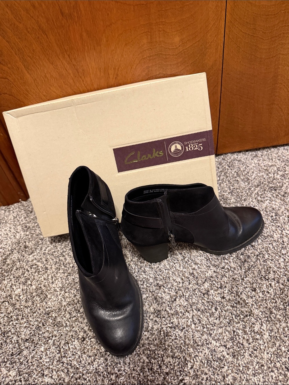 Clarks Black Leather Ankle Booties with Side Zip